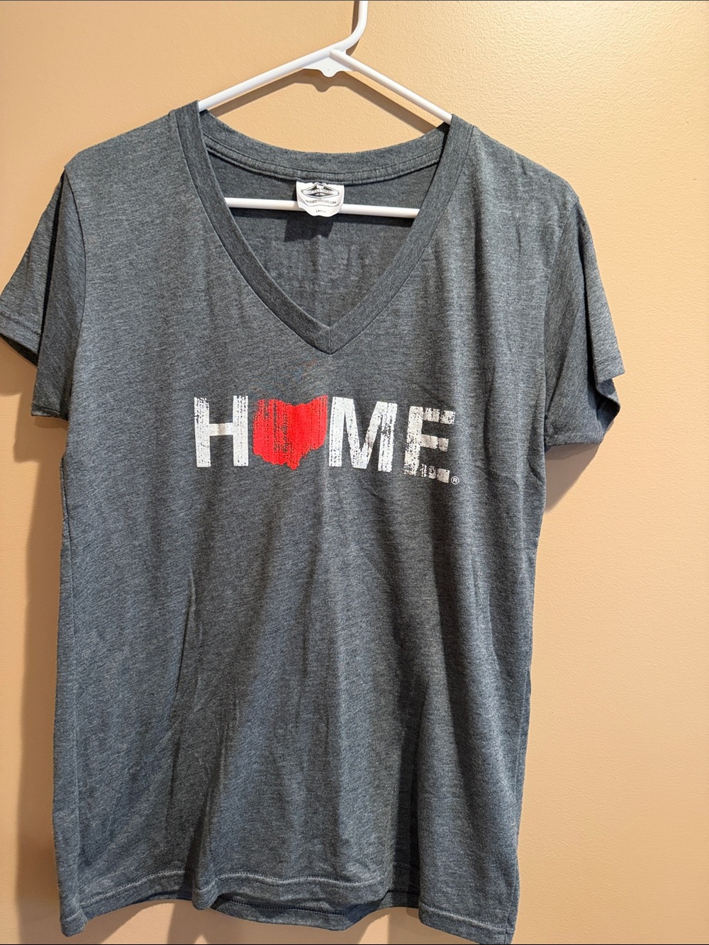 Heather Gray V-Neck Tee with Red Heart "HOME" Graphic